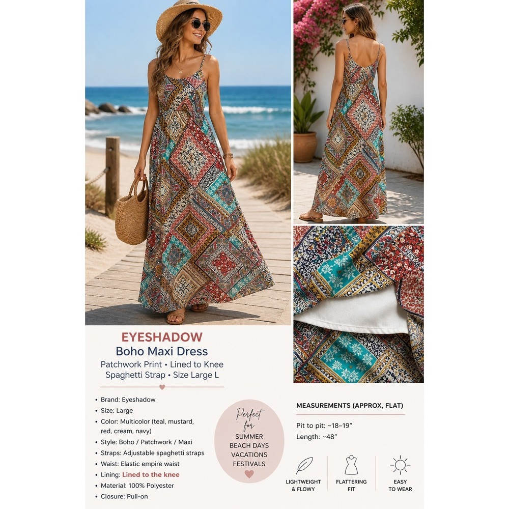Eyeshadow Boho Maxi Dress Patchwork Print Lined Spaghetti Strap‎ Size Large L
